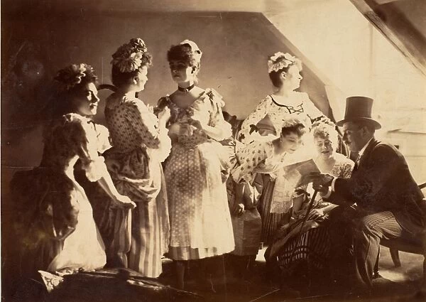Group Six Costumed Women Posed Interior Top Hatted Gentlemen
