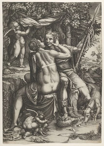 Venus Adonis ca 1570 Engraving Sheet 12 5  /  8 x 8 7  /  8