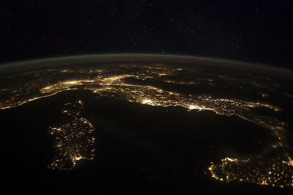 Nighttime panorama showing city lights of Europe