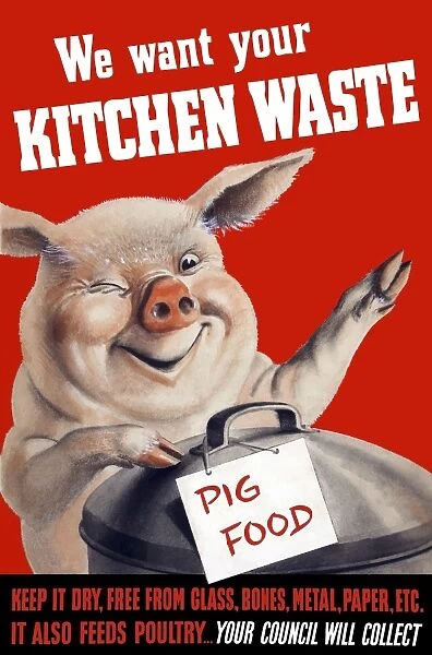 Vintage World War II poster featuring a pig standing with a garbage can