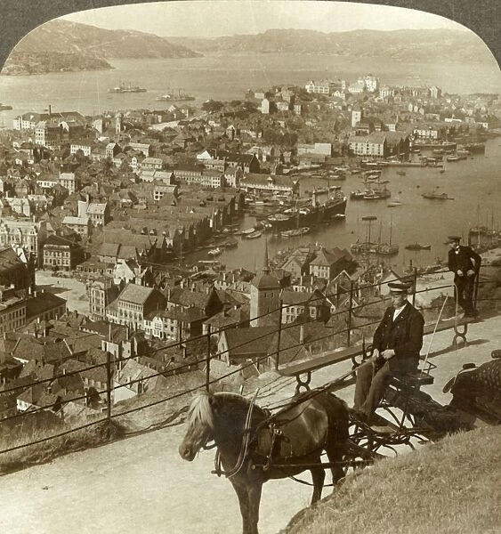 Bergen, west from the Floifjeld, over the harbor (right) and Puddefjord (distant)