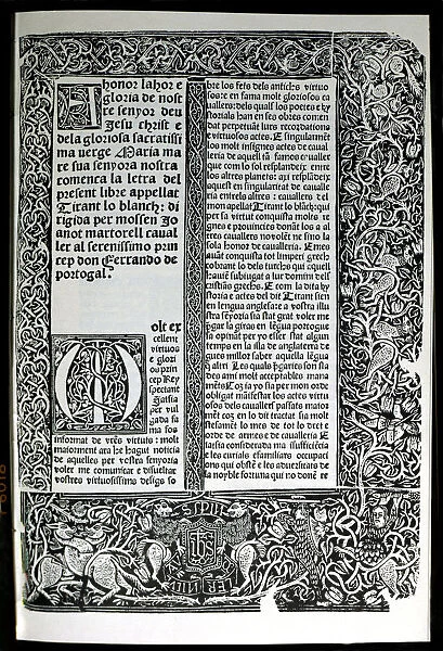 Dedicatory page of this edition of Tirant Lo Blanc, by Joanot Martorell, Valencia