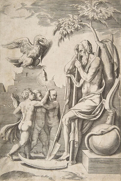 Father Time at the right leaning on a scythe, three naked boys and eagle at the left, 1