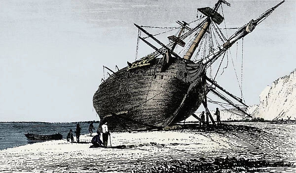 HMS Beagle laid ashore, Rio Santa Cruz, Patagonia, South America, 1834 (1839)