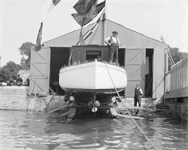 Saunders motor launch on slipway ready for launching, 1908. Creator: Kirk & Sons of Cowes