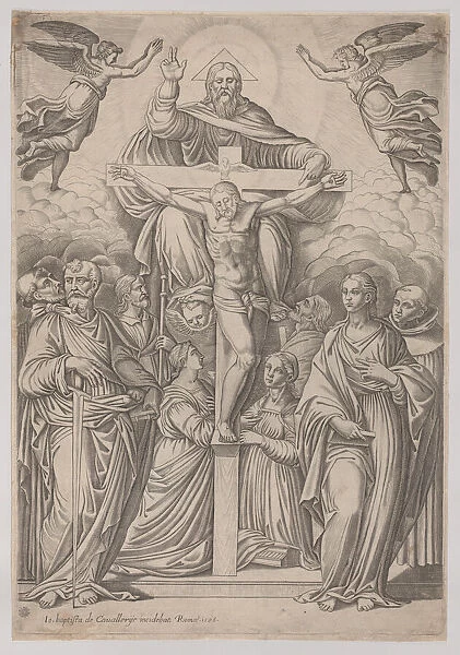 The Trinity, with the crucifixion at center and saints to both sides, 1586