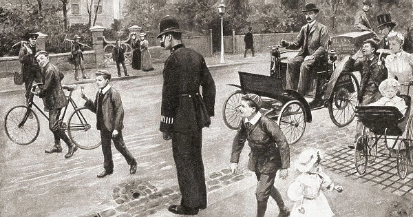 The Act of Parliament passed in 1896 which enabled motor cars to be used on British roads contained an irksome proviso which stipulated that each vehicle had to be preceded by a person carrying a red flag. Seen here, a driver ironically employs a small boy to carry a minute red square