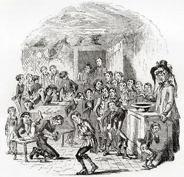 Brimstone Morning at Dotheboys Hall. Mrs Squeers administering a compulsory dose of brimstone and treacle to the starving pupils of Dotheboys Hall. Illustration from the novel Nicholas Nickleby by Charles Dickens. From International Library of Famous Literature, published c. 1900