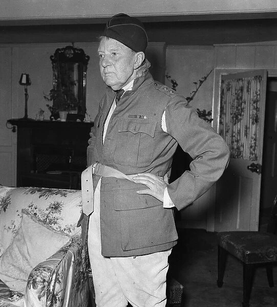 Actor A E Matthews wearing army uniform with hands on hip November 1954