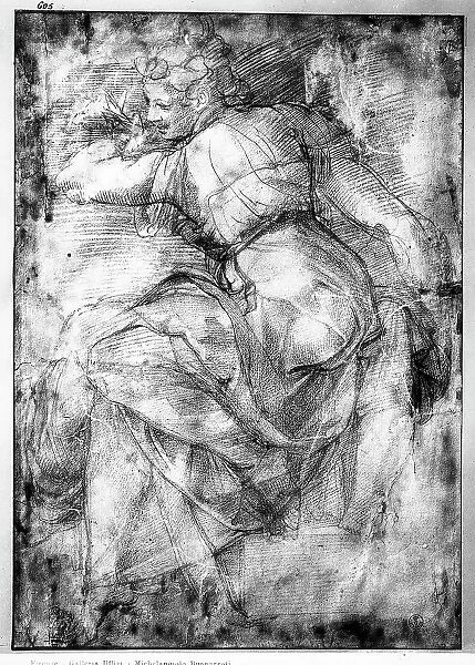 Drawing of Sybil Libica seated with a book and rotating bust on the right. Work Michelangelo preserved in the Room of Drawings and Prints in the Museum of the Uffizi