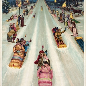Advertisement for Star toboggans, showing people sledding at