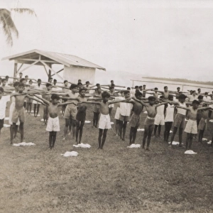Scouts exercising at camp, Fiji, South Pacific