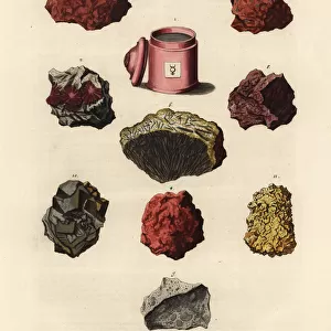 Varieties of minerals and resins including