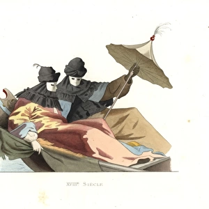 Venetians in a gondola wearing bauta masks