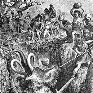 Cavemen hunting mammoth, historic artwork C018 / 7096