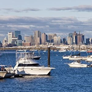 City skyline and boats moored in the harbour, Boston, Massachusetts, New England