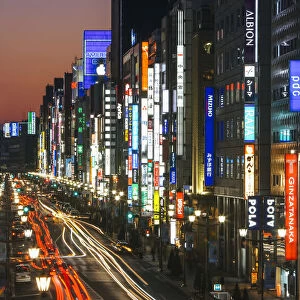 Asia, Japan, Honshu, Tokyo, Central Tokyo, Ginza, Chuo-dori, elevated view at dusk