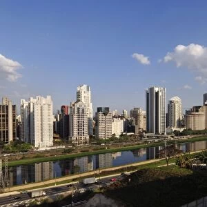 Skyline around Pinheiros River and Octavio Frias Cable Bridge, Sao Paulo, Brazil