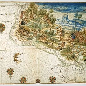 BRAZIL: MAP AND NATIVE INDIANS. Map of Brazil from the Vallard Atlas, c1547; the map, drawn upside-down as if viewed from North America, depicts Spanish cruelties to native Indians as well as the Indians daily life