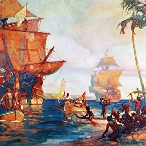 COLUMBUS: NEW WORLD, 1492. The Landing of Columbus in the New World, 1492. Painting by William J. Aylward (b. 1875)