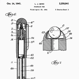 Drawing from the U. S. patent application of Hungarian inventor Laszlo Biro for his fountain pen, the first commercially successful ballpoint pen, 1941