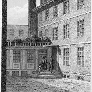 English man of letters. Dr. Samuel Johnsons house at 8 Bolt Court, Fleet Street, London, England. Etching and engraving, 1835
