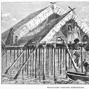 MARACAIBO DWELLING. Natives embarking from a palafito dwelling at Lake Maracaibo. Line engraving, 19th century