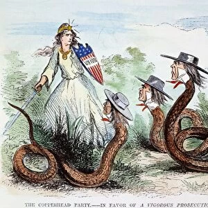 MIDWEST COPPERHEADS, 1863. Northern American cartoon of 1863 showing the Union threatened by political serpents (Copperheads) wearing the hats of Midwest Democratic congressmen