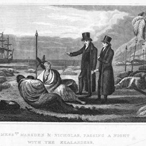 MISSIONARIES AND MAORIS. Reverend Samuel Marsden (1765-1838) and his fellow missionary John Liddiard Nicholas with Maoris in New Zealand. Line engraving, American, 1837