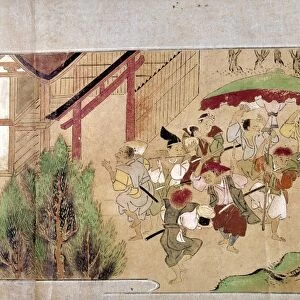 Peasants dance during a summer festival in front of a Shinto shrine. Japanese scroll painting, late-16th century