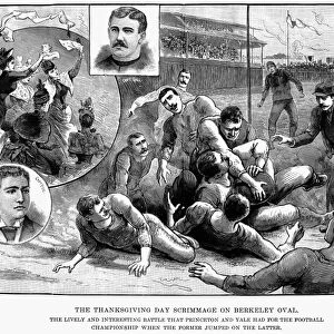 PRINCETON VS. YALE, 1889. The inter-collegiate championship game between Princeton and Yale held at Berkeley Oval, New York, on Thanksgiving Day, 1889, won by Princeton 10 to 0. Wood engraving from a contemporary newspaper