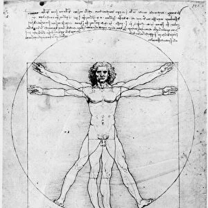 Proportions of the Human Figure or The Vitruvian Man. Pen and ink drawing by Leonardo Da Vinci, c1492