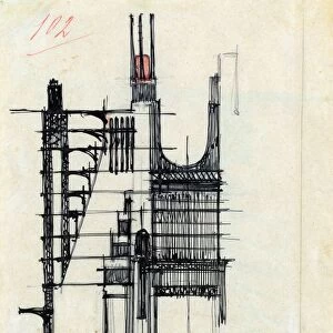 Sketch by architect Antonio Sant Elia of an Italian Futurist apartment, 1914
