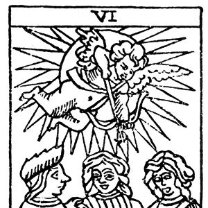 TAROT CARD: THE LOVERS. The Lovers (Passion). Woodcut, French, 16th century