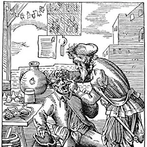 The Tooth Breaker removes aching teeth painlessly as one bears children; he also sells oils, salves and other medications, flea and louse ointments and rat poison. Woodcut by Jost Amman, 1568