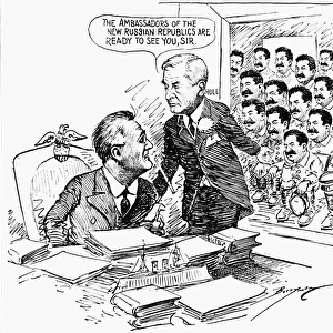 U. S. Secretary of State Cordell Hull introduces President Franklin D. Roosevelt to the ambassadors of the new Russian republics, all likenesses of Soviet dictator Joseph Stalin, at the time of the Red Armys advance westward during World War II. American cartoon by Clifford K. Berryman, 1944