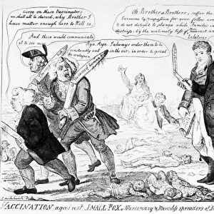 Vaccination Against Small Pox. Quacks whose methods of innoculation are responsible for spreading smallpox depart in the face of the vaccine promoted by physician Edward Jenner (right, in dark suit). Satirical etching, 1808, by Isaac Cruikshank