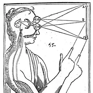 Woodcut from Rene Descartes Treatise of Man, 1664, illustrating his theory that perceptions travel from the eyes to the pineal gland, which then allows humors to pass to the muscles to produce response