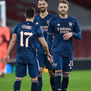 Arsenal FC: Pablo Mari, Calum Chambers, and Cedric Soares Celebrate after UEFA Europa League Victory over Rapid Wien