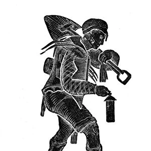 The coal miner carrying his tools and safety his lamp. Wood engraving 1890