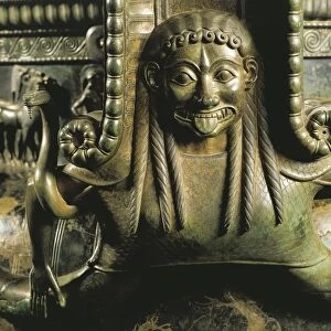 France, Chatillon-sur-Seine, Detail of Gorgon on Bronze Vix krater (vase used to mix wine and water)
