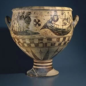 Italy, Lazio, Cerveteri, Oriental style krater (vase used to mix wine and water) depicting a ship battle known as the Krater of Aristonothos, circa 650 B. C