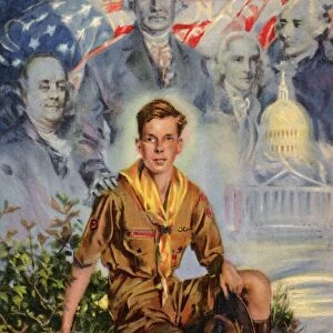 Lithograph of a Boy Scout with Americas Founding Fathers by Howard Chandler Christy. 1937, A color lithograph based on a painting by Howard Chandler Christy, designed for a 1937 Boy Scout Jamboree