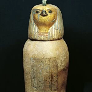 Treasure of Tanis, painted alabaster canopic jar of Psusennes I, falcon-headed Qebehsenuef conserving intestines