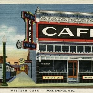 Western Cafe. ca. 1937, Rock Springs, Wyoming, USA, WESTERN CAFE-ROCK SPRINGS, WYO. WESTERN CAFE. Quality Food-Reasonable Price, Air Conditioned-Open All Hours. ROCK SPRINGS, WYO