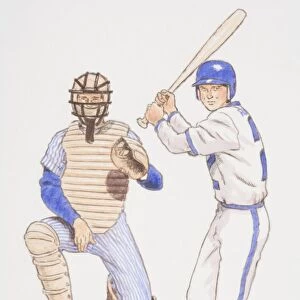 Baseball batter and backstop poised in their playing positions, front view