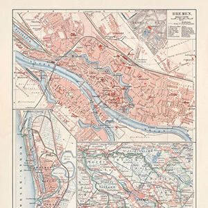 City map of Bremen, Germany, lithograph, published 1897