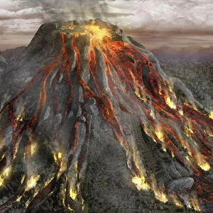 Digitally generated image of volcano after first eruption