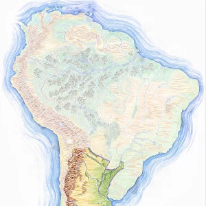 Highly detailed hand-drawn map of South America with Argentina highlighted