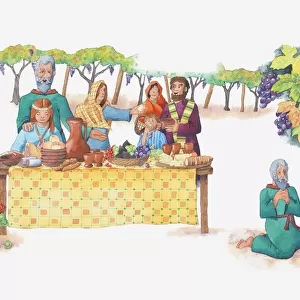 Illustration of a bible scene, Job 1, Jobs family feasting at his brothers house